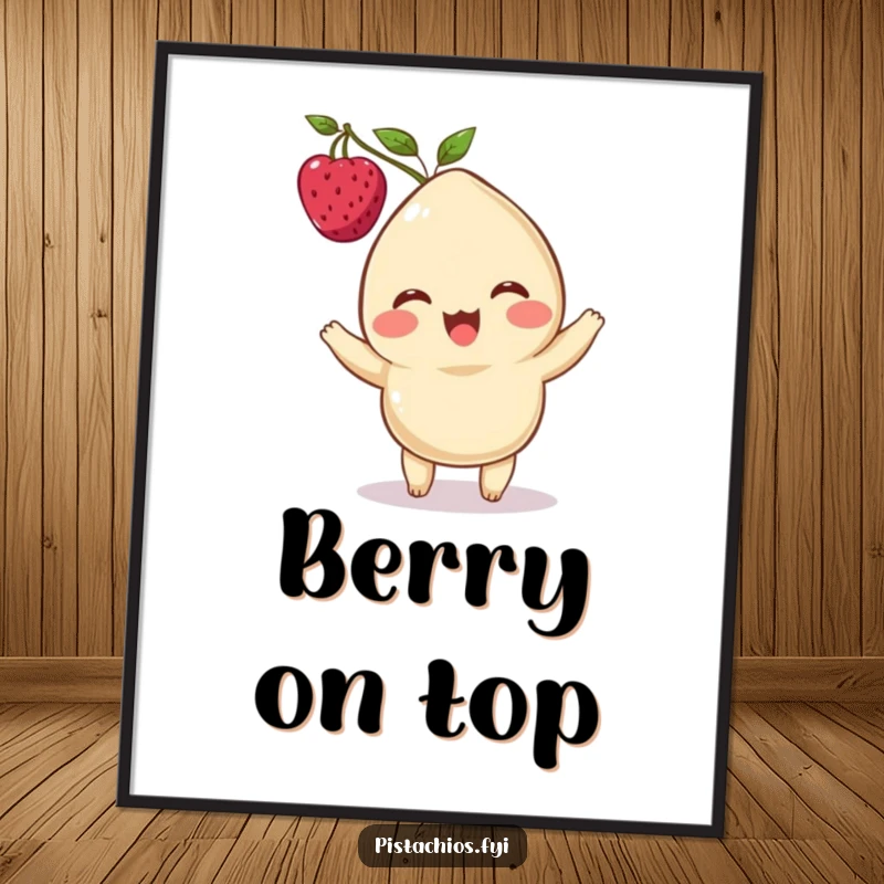 Funny digital art print of a delighted cashew character with a berry balanced on its head, offering instant whimsical decor.