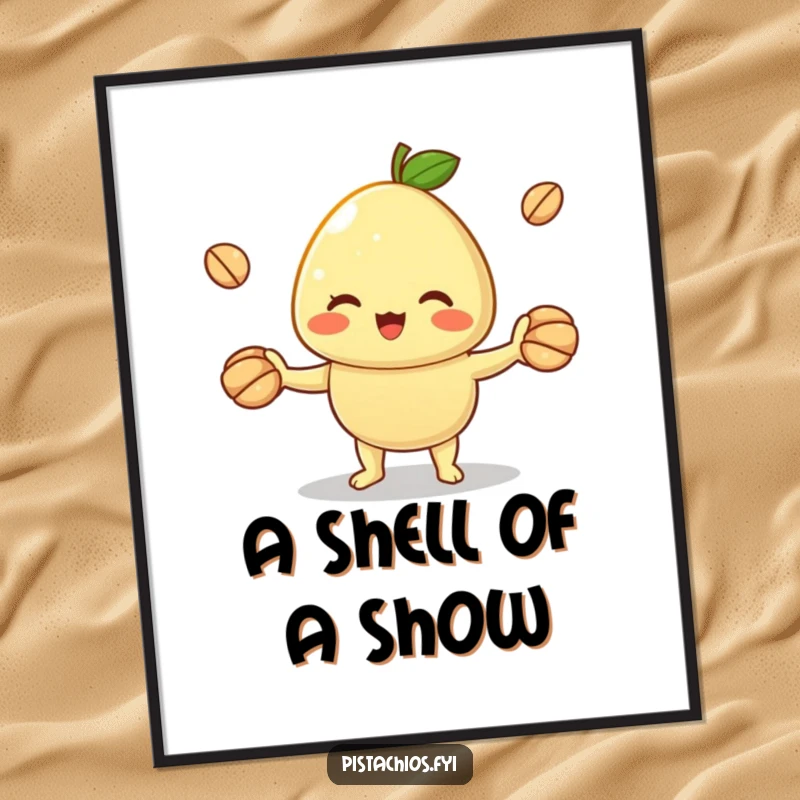 Funny digital art print of a cheerful pistachio character juggling shells. This downloadable artwork adds dynamic skill and humor to any space.
