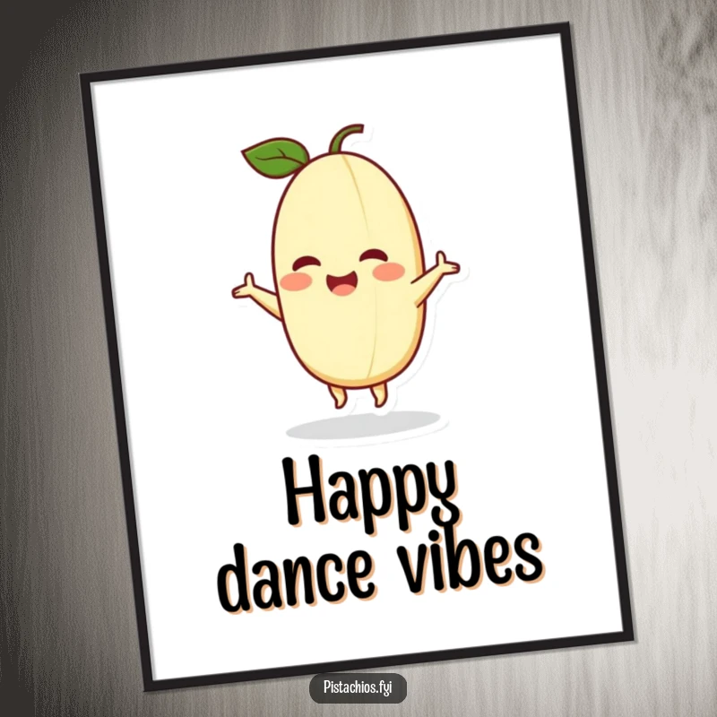 Funny digital art print of a delighted pistachio character energetically dancing, ideal for instant joyful and humorous decor.