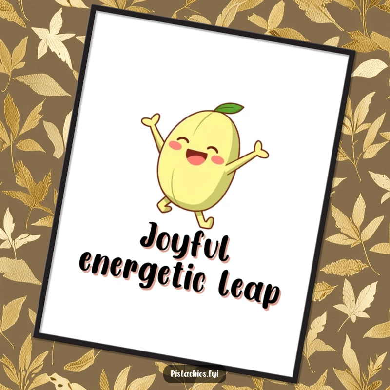 Funny digital art print of a pistachio character joyfully leaping, ideal for instant, humorous wall decor.