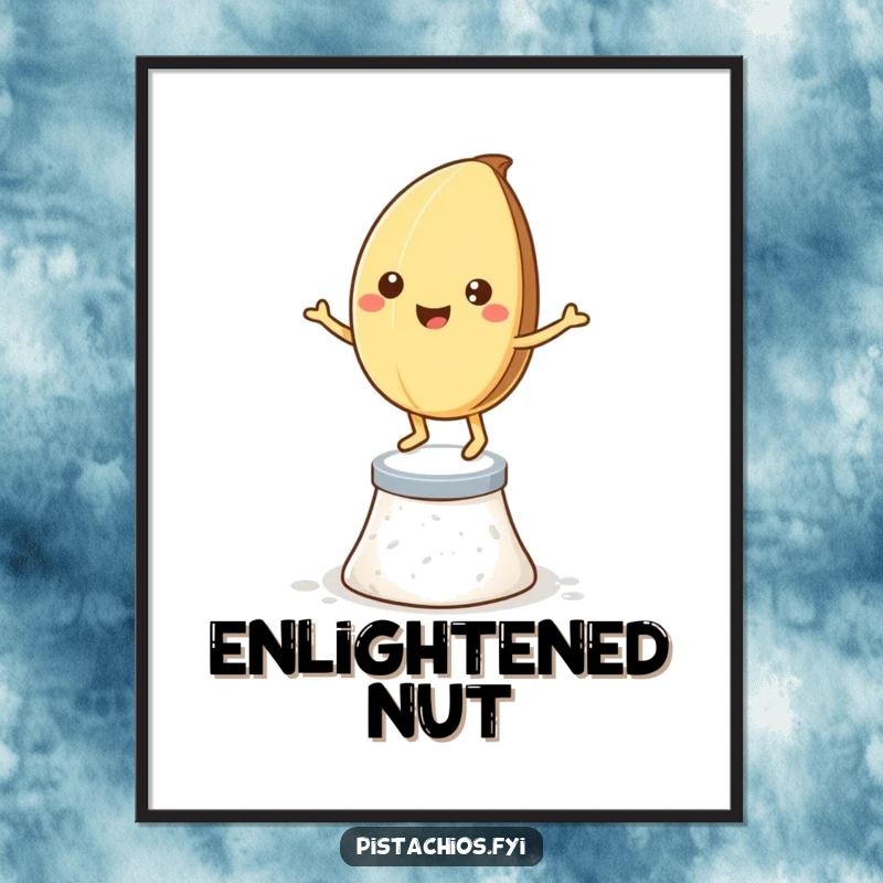 Funny digital art: a smiling pistachio nut dancing on salt crystals, perfect for humorous wall decor.