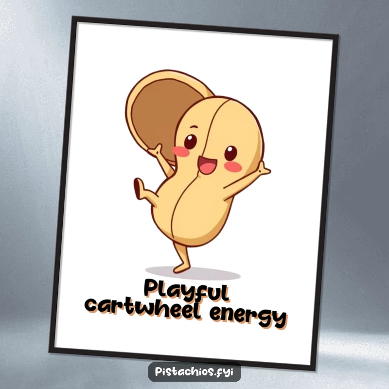 Funny Digital Art Print of a playful peanut character doing a cartwheel with its shell open, capturing movement and exuberant fun.