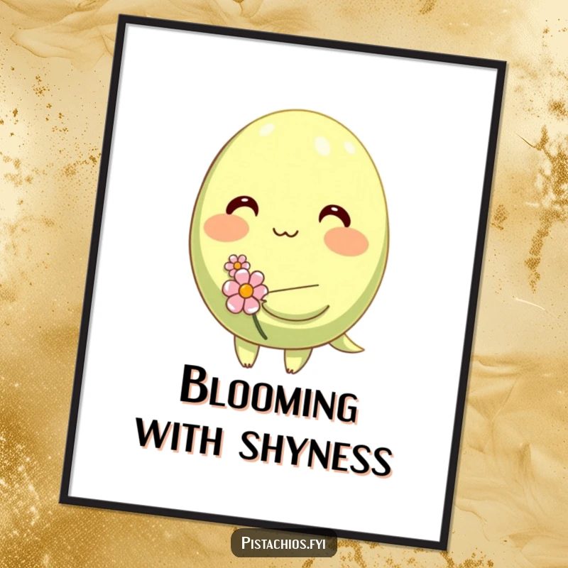 Funny digital art print of a shy, blushing pistachio character holding a tiny flower, ideal for instant humorous decor.
