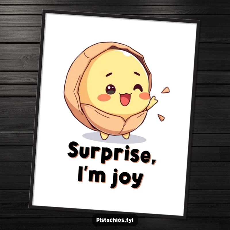 Funny digital art print of a pistachio character cracking open with surprise and joy. This downloadable artwork adds a humorous and delightful visual surprise.