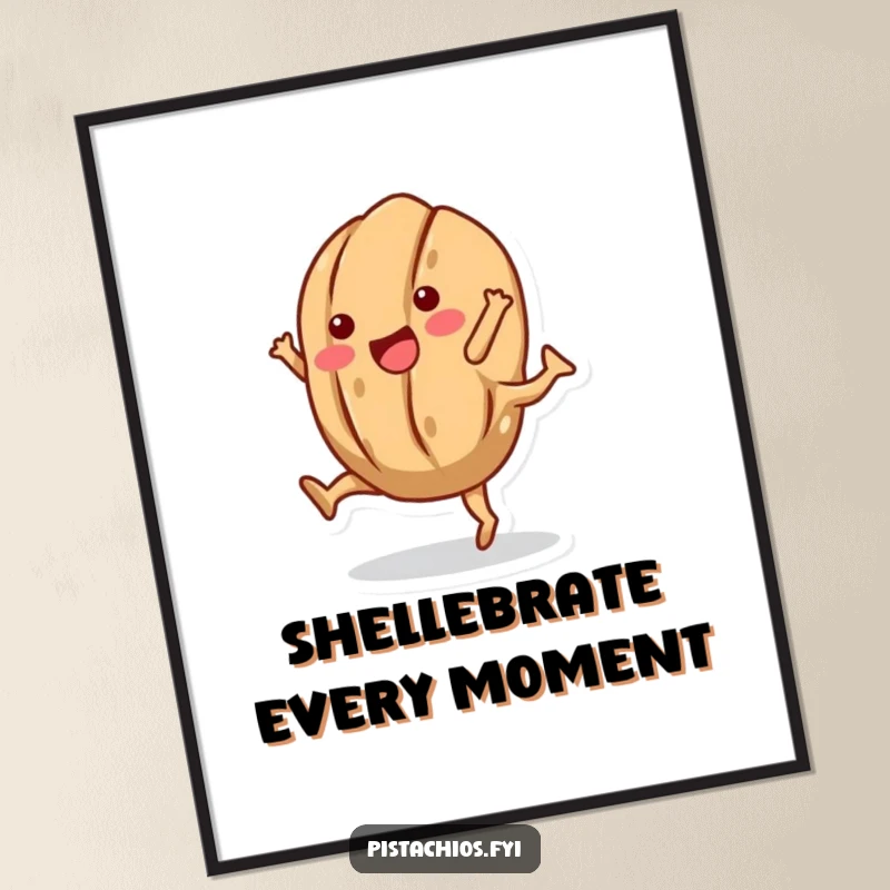 Funny digital art of a joyful walnut character doing a cartwheel with its shell intact, vibrant and humorous wall decor.