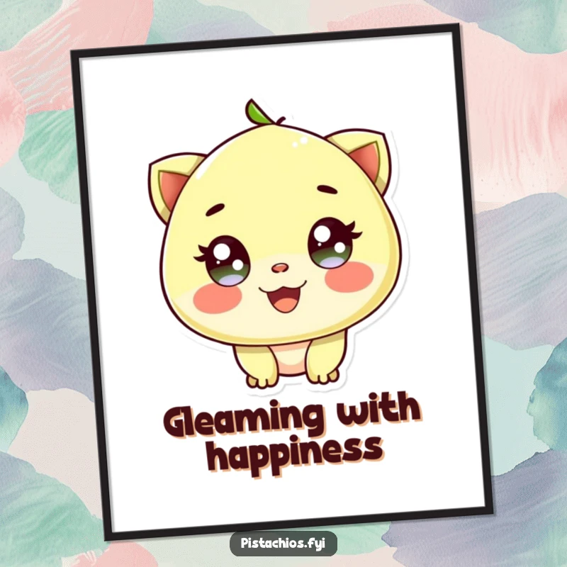 Funny digital art print of a delighted pistachio character with sparkling eyes, perfect for joyful, nutty decor.