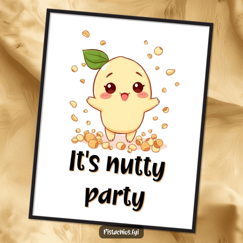 Funny digital art print of a pistachio character joyfully throwing confetti shaped like tiny nuts, full of festive energy.