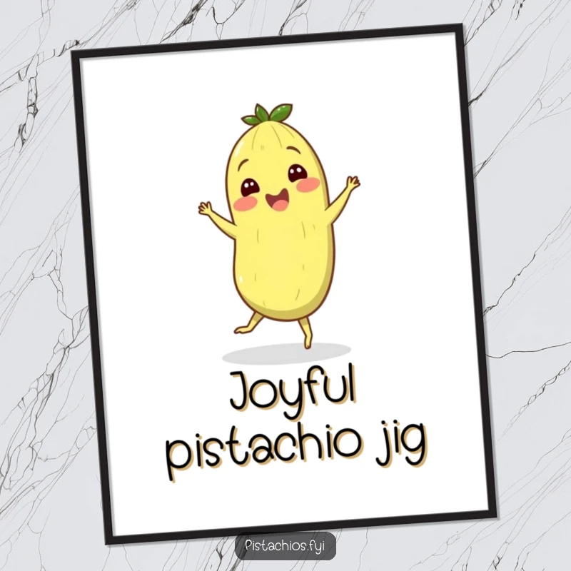 Funny digital art print of a cheerful pistachio character performing a silly jig, perfect for instant wall decor.