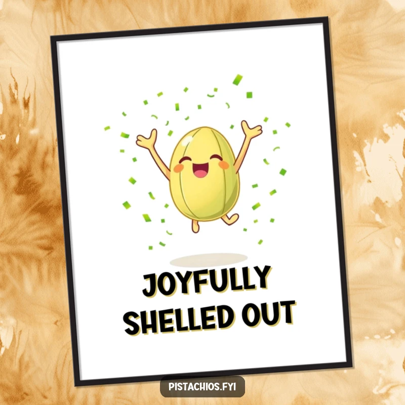 Funny digital art print of a cheerful pistachio nut leaping with joy surrounded by green confetti, ready for humorous decor.