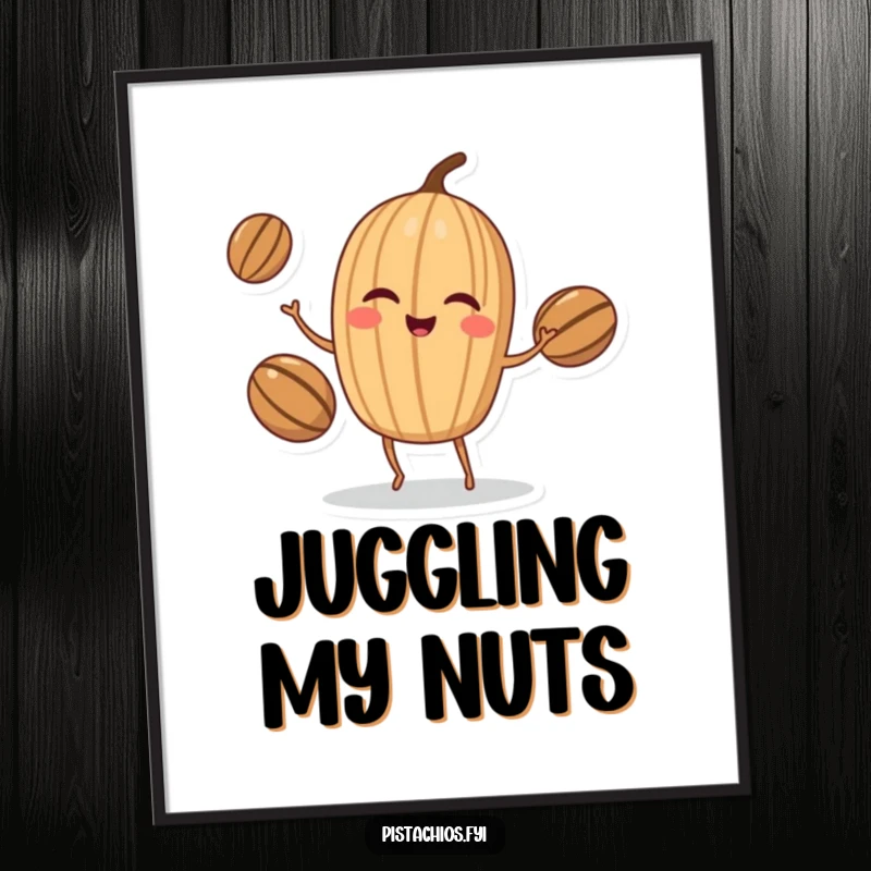 Funny Digital Art Print: Winking walnut character juggling three nuts, perfect for adding nutty skill and humorous artistry to any room.