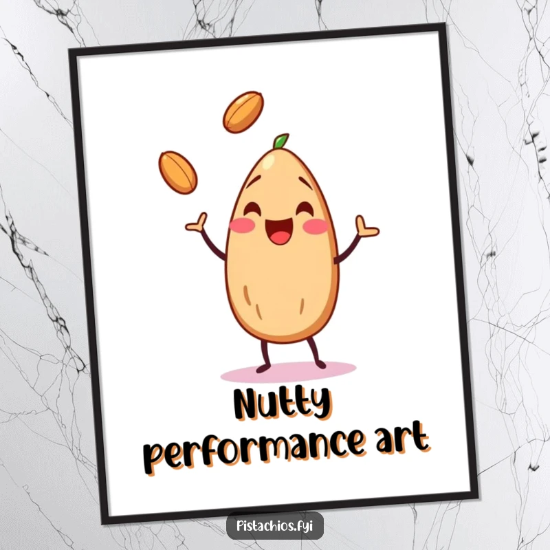 Funny almond character skillfully juggling three tiny nuts with glee, a charming digital art print for immediate download.
