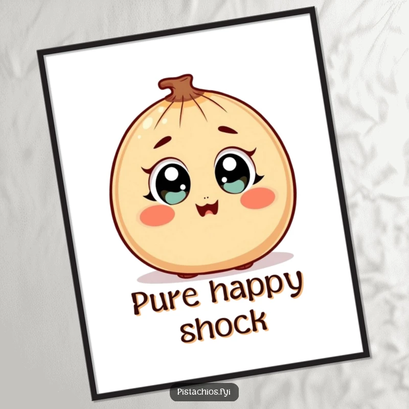 Funny Digital Art Print of a surprised nut character with wide, happy eyes and a blush, offering instant humorous charm.