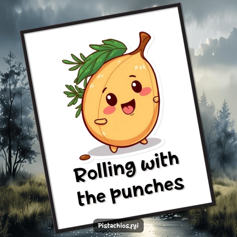 Funny digital art of a mischievous pine nut character rolling away playfully, conveying energetic fun and lightheartedness.