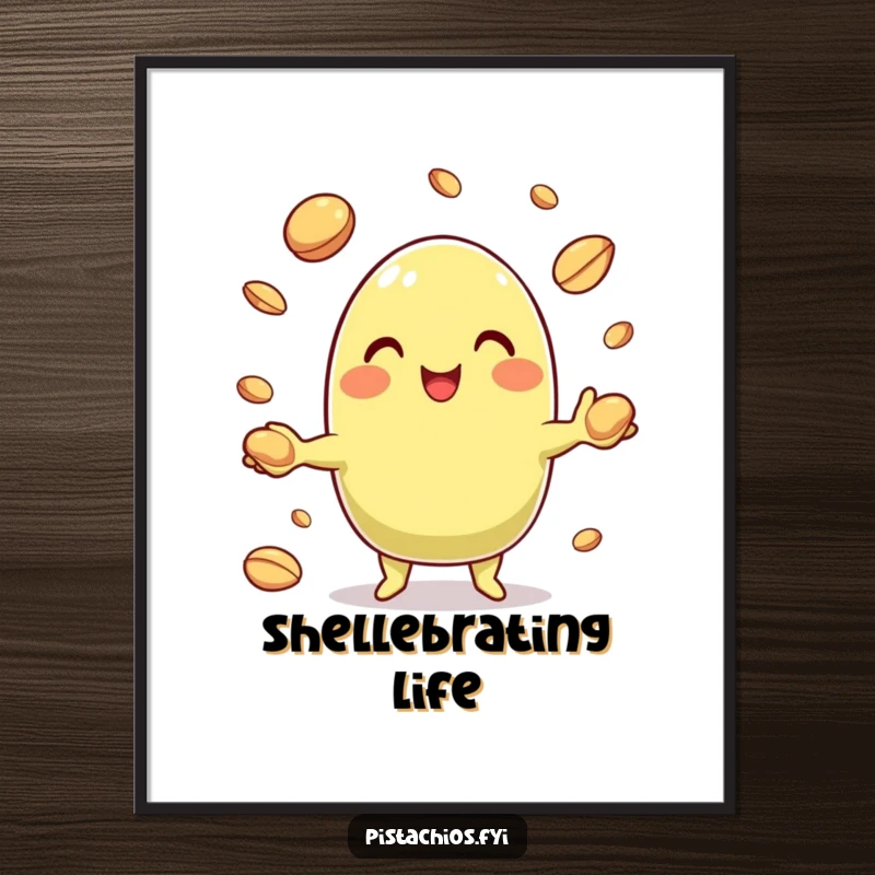 Funny Pistachio Digital Art Print showing a lively character juggling nut shells, delivering instant visual humor.