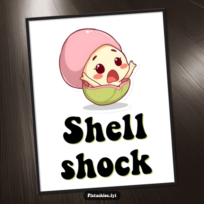 Funny digital art of a surprised pistachio character comically bursting from its shell, a humorous and vibrant downloadable image.