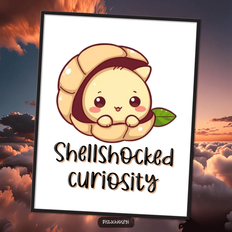 Funny digital art print of a pistachio character curiously peeking from its shell, perfect for intriguing decor.