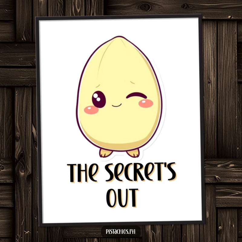 Funny digital art print of a pistachio character winking with a mischievous grin. This downloadable artwork adds playful charm and humor to any space.