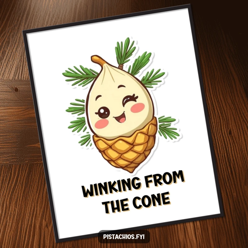 Funny Pine Nut Digital Art Print: A happy pine nut character winking from its cone, offering an instant, humorous, and cheerful piece of art.