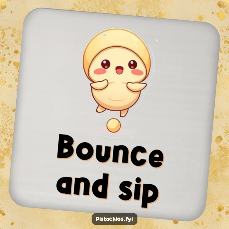 Funny coaster art of a pistachio character bouncing a small ball with its shell, adding active humor to drink service.