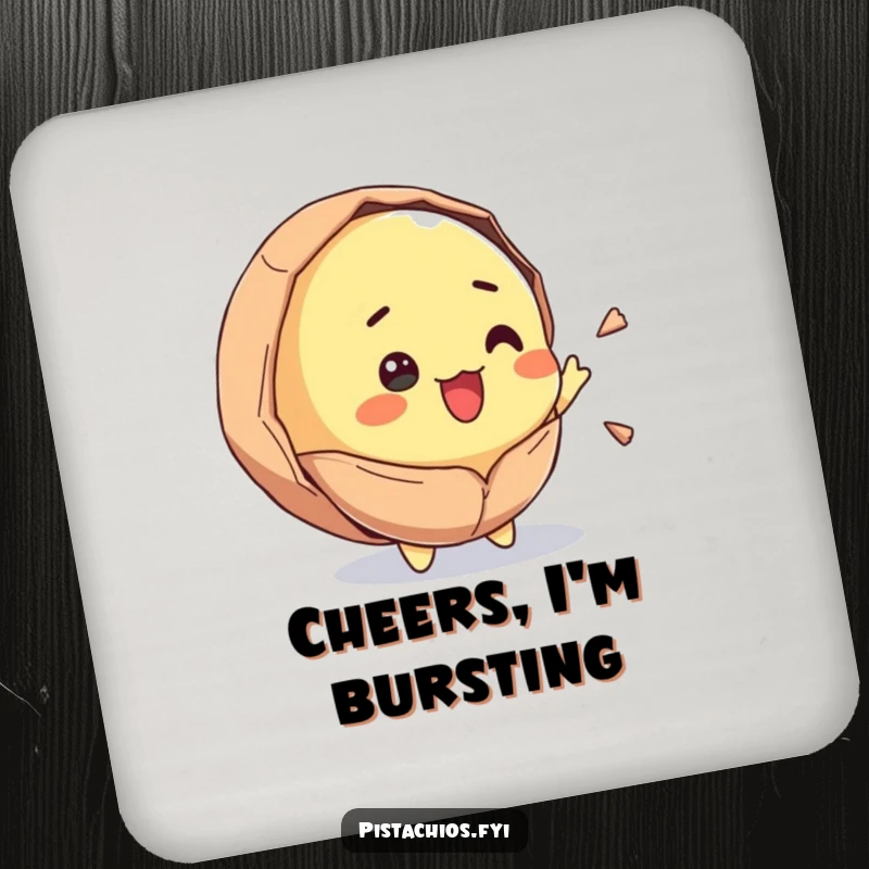 Funny drink coaster featuring a pistachio character cracking open with surprise and joy. This humorous accessory protects surfaces with a hilarious surprise.