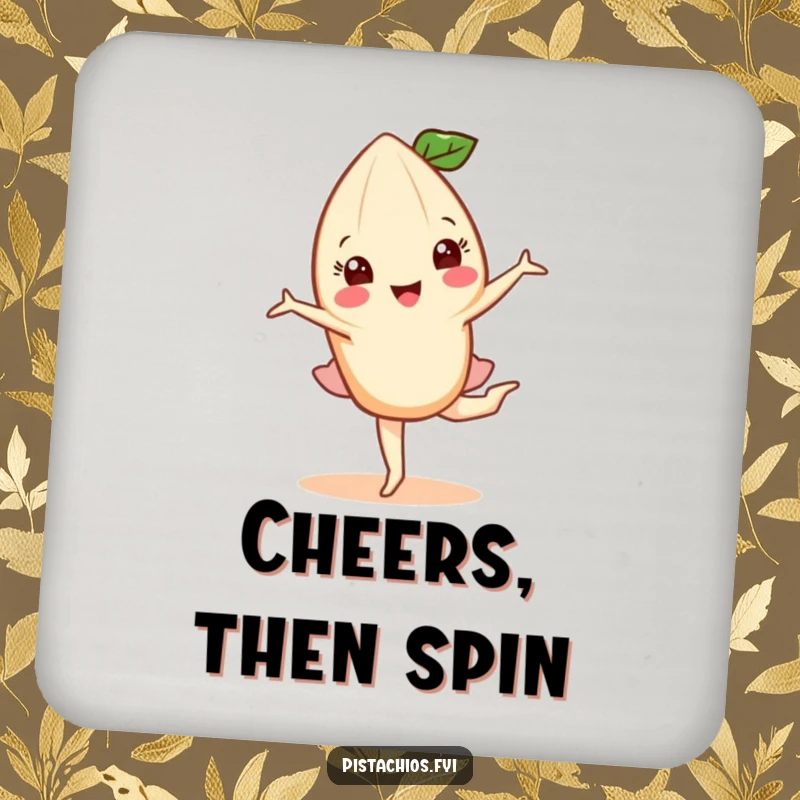 Funny drink coaster featuring a happy almond character in a graceful pirouette, adding nutty elegance and surface protection.