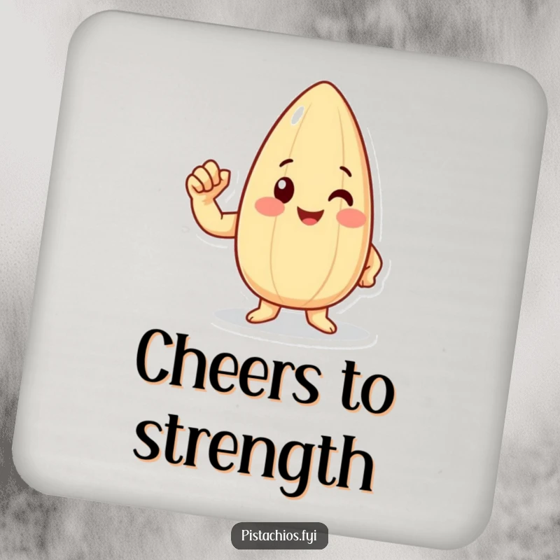 Funny happy almond character flexing a tiny bicep on a drink coaster, providing humorous surface protection with a strong vibe.