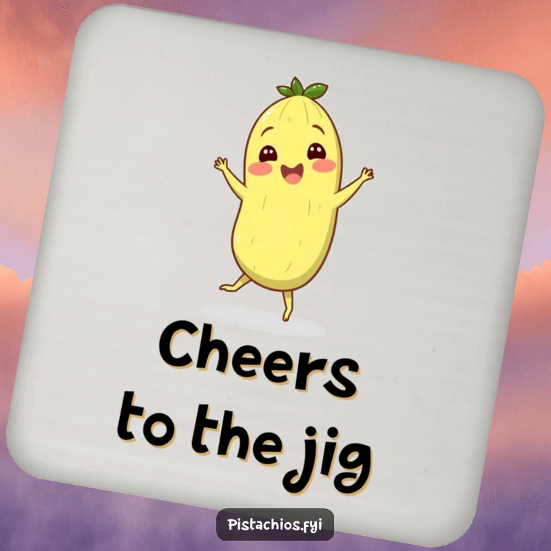 Set of funny drink coasters depicting a cheerful pistachio character performing a silly jig, protecting tables with nutty flair.