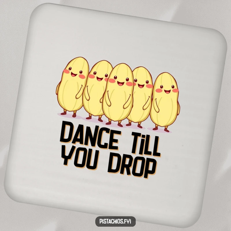 Funny conga line of smiling pistachios, one out of sync, on a drink coaster.