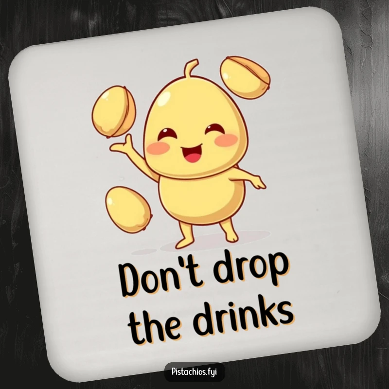 Funny drink coaster with a smiling pistachio character skillfully juggling two other pistachios with a happy expression.