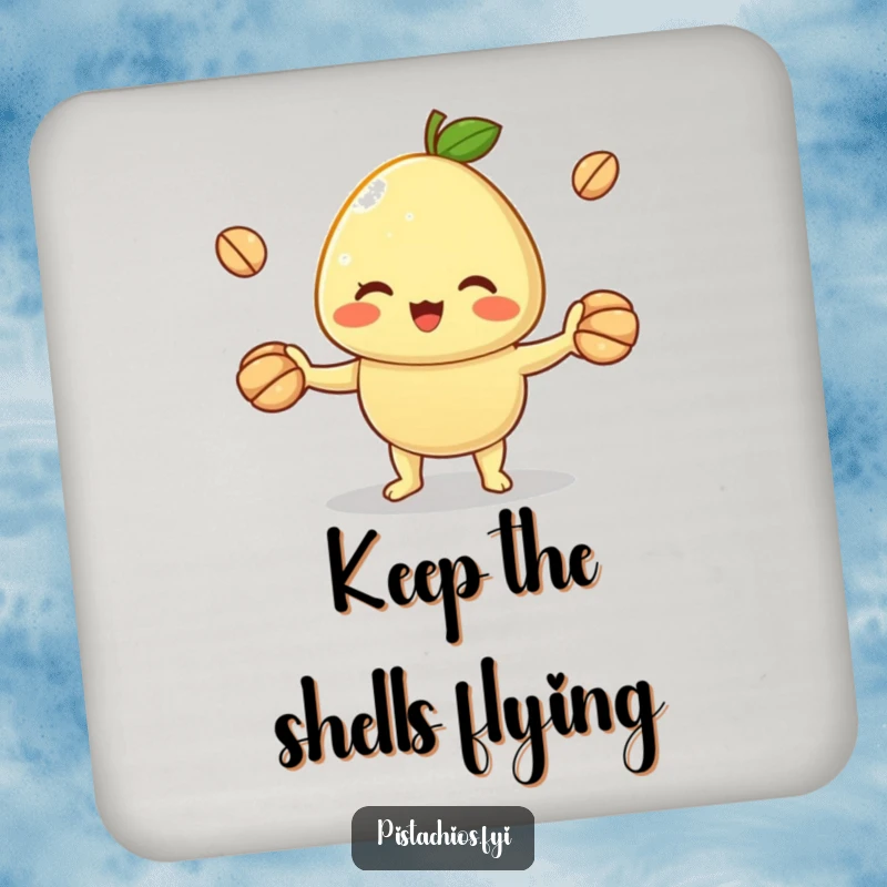 Funny drink coaster featuring a cheerful pistachio character juggling shells. This humorous accessory protects surfaces with a display of playful skill.