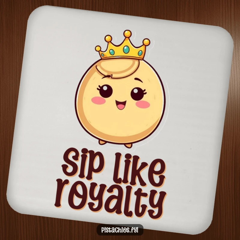 Funny crowned nut coaster set, happy nut character wearing a tiny crown and beaming, humorous and functional drink protection.