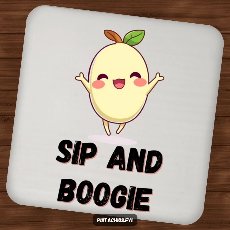 Funny drink coaster featuring a pistachio dancing, perfect for tabletops with a joyful and humorous touch.