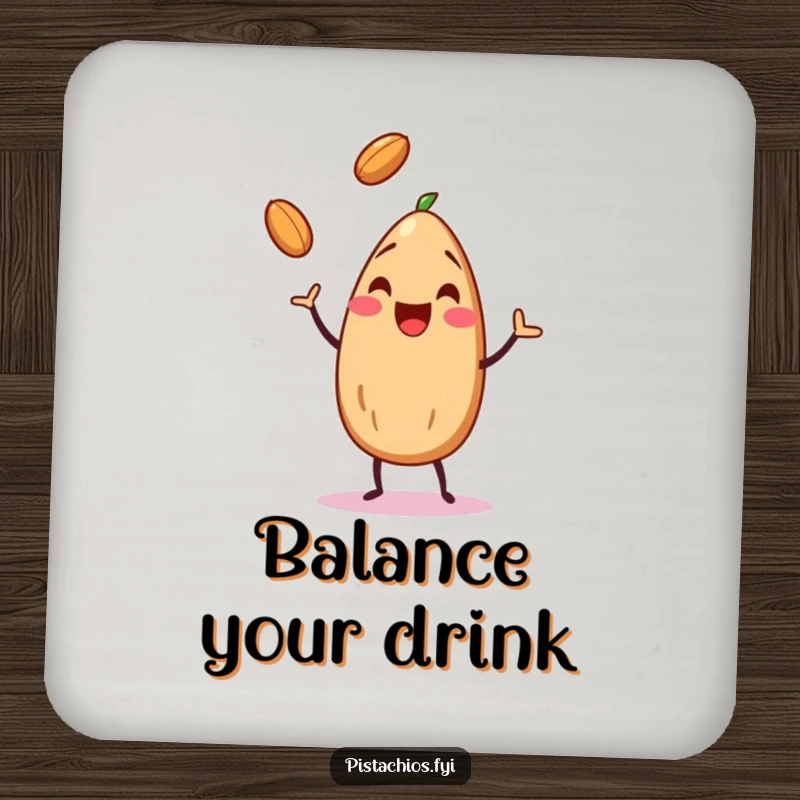 Funny almond character juggling nuts, protecting surfaces with a cute and humorous drink coaster.
