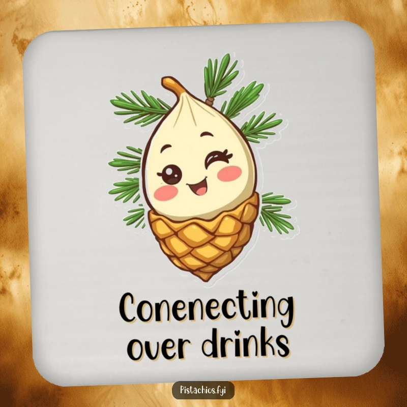 Funny Pine Nut Drink Coaster: A happy pine nut character winking from its cone, adding a humorous and protective element to tabletops.