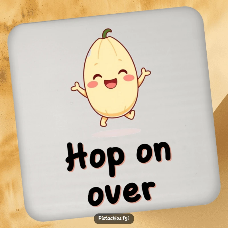 Funny pistachio coaster featuring a happy character mid-hop, protecting surfaces with cheerful humor. An excellent funny gift.