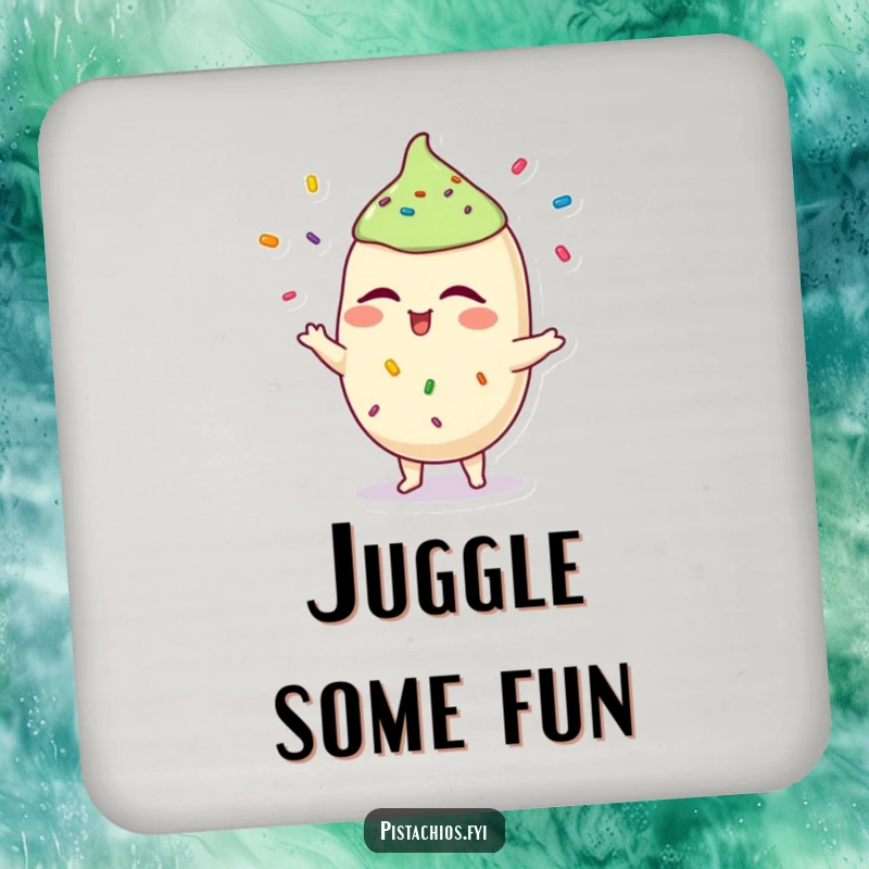 Funny pistachio coaster featuring a winking character juggling sprinkles, protecting surfaces with playful humor. An excellent funny gift.