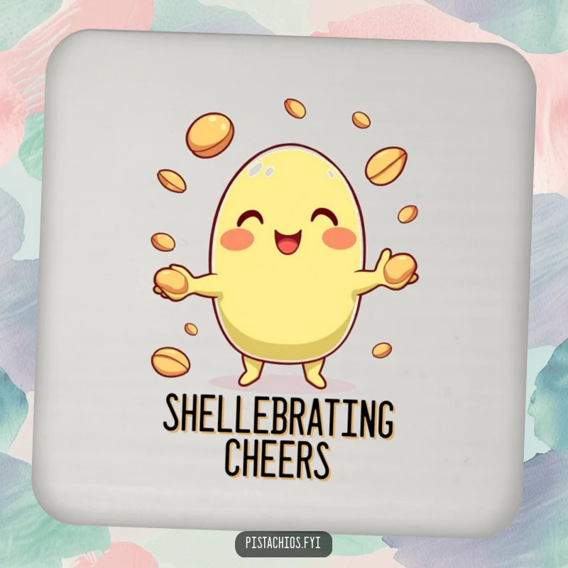 Funny Pistachio Coasters depicting a character juggling nut shells, offering humorous surface protection.