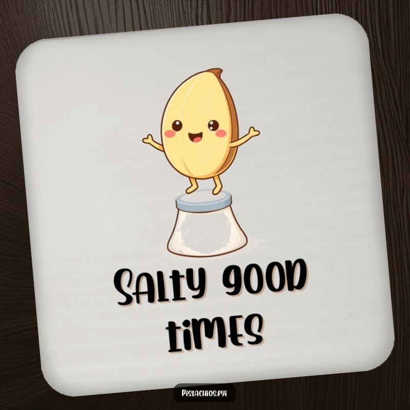 Funny coaster: a smiling pistachio nut dancing on salt crystals, adding humor to drink service.
