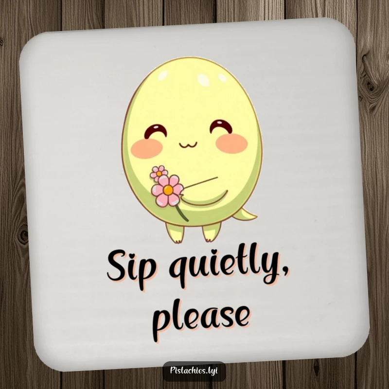 Funny drink coaster with a shy, blushing pistachio character holding a tiny flower, protecting surfaces with cute, bashful charm.