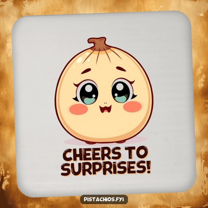 Funny Drink Coasters with a surprised nut character, wide happy eyes, and blush, adding humorous charm to tabletops.