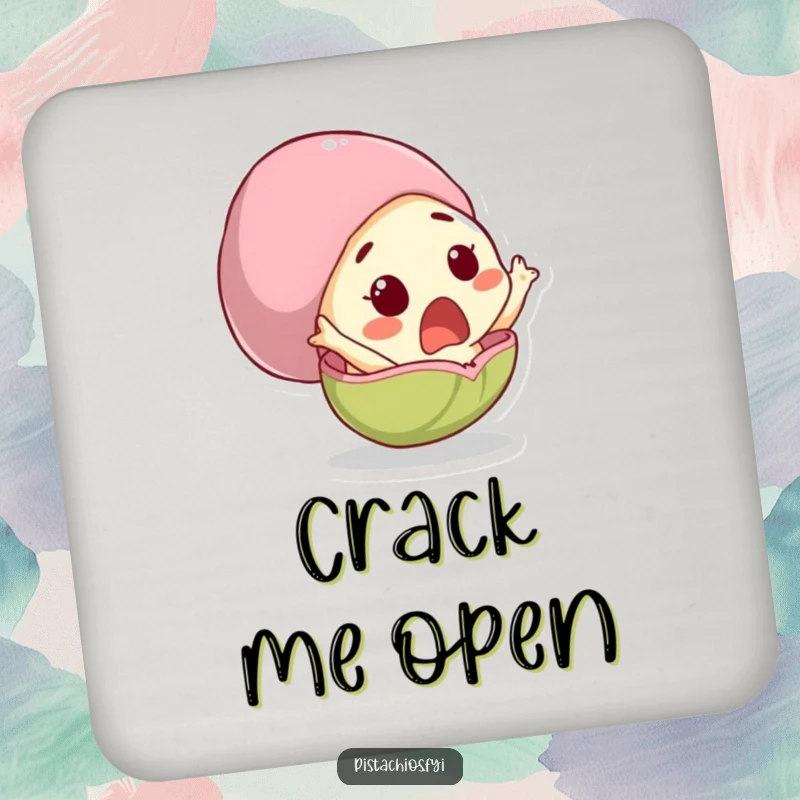 Funny coaster featuring a surprised pistachio character comically leaping from its shell, a humorous addition to any table.