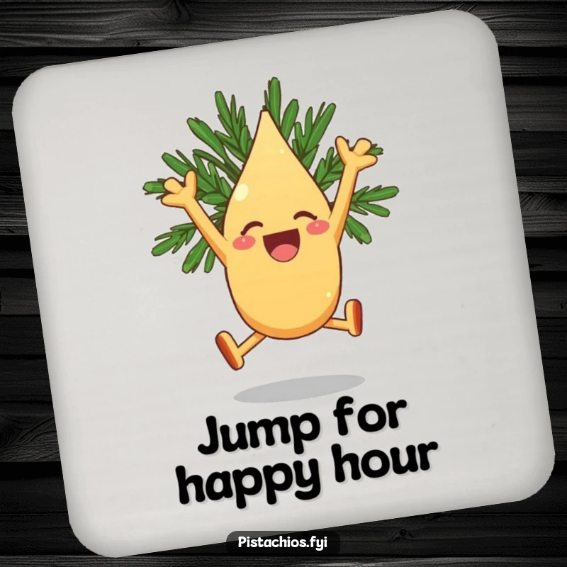 Funny Drink Coaster: A Joyous Pine Nut Character Hilariously Leaping with Excitement.