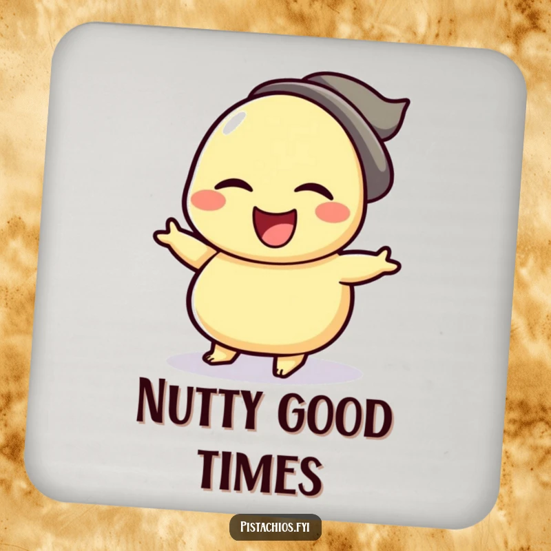 Funny drink coaster featuring a winking cashew character joyfully performing a celebratory jig, adding nutty flair and surface protection.