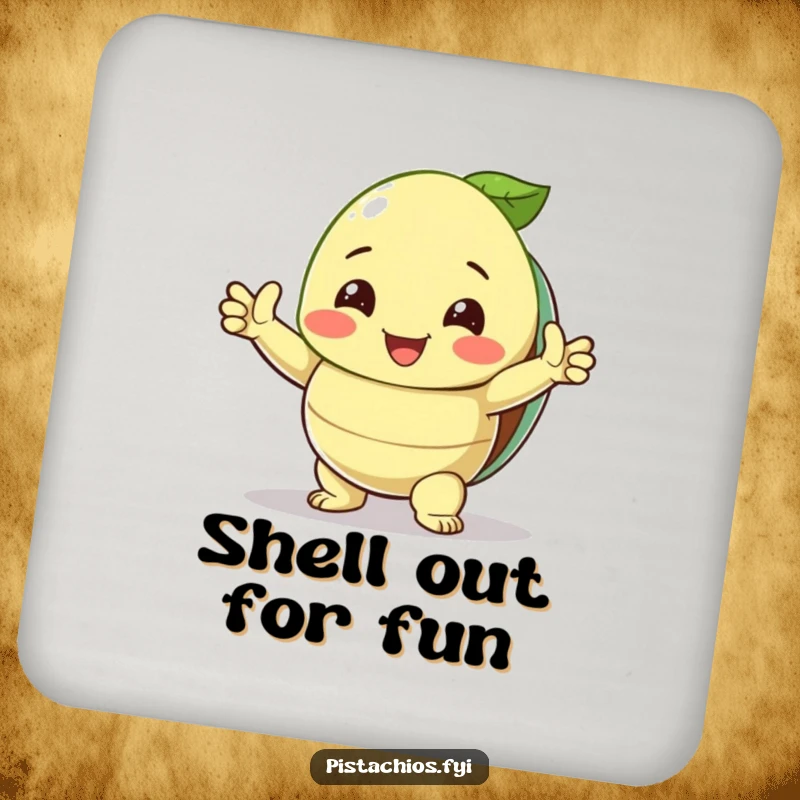Funny Drink Coaster: A triumphant pistachio with its shell open, a humorous design for surface protection.