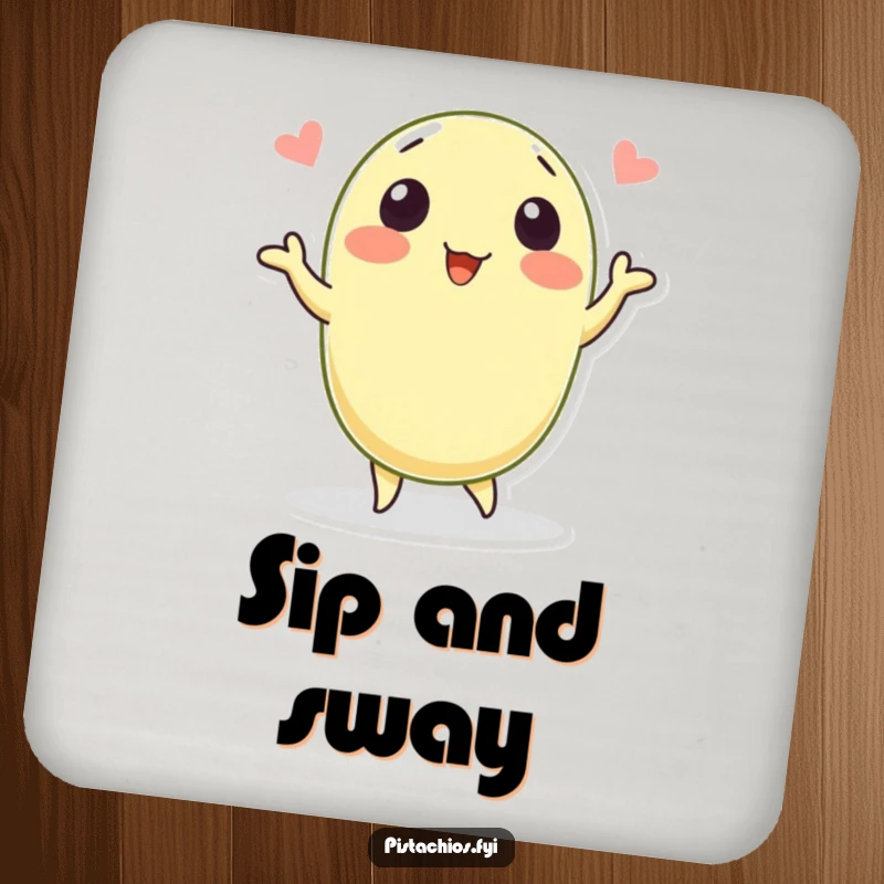 Funny drink coaster featuring a joyful pistachio character dancing. This humorous accessory protects surfaces with a burst of nutty charm.