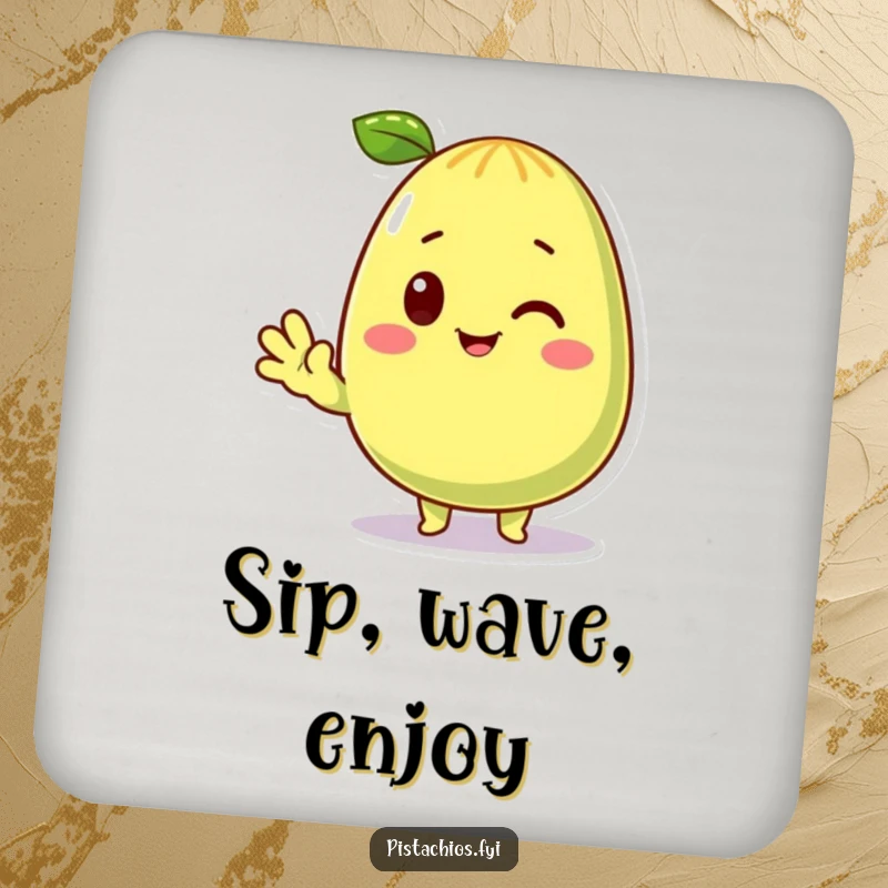 Funny Coasters featuring a cheerful pistachio character waving hello. A cute and practical funny gift for housewarmings or snack lovers.