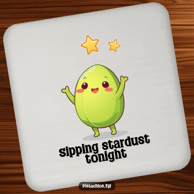 Funny Pistachio Nut Coaster: Green pistachio nut design protecting surfaces with its funny, starry-eyed ambition.
