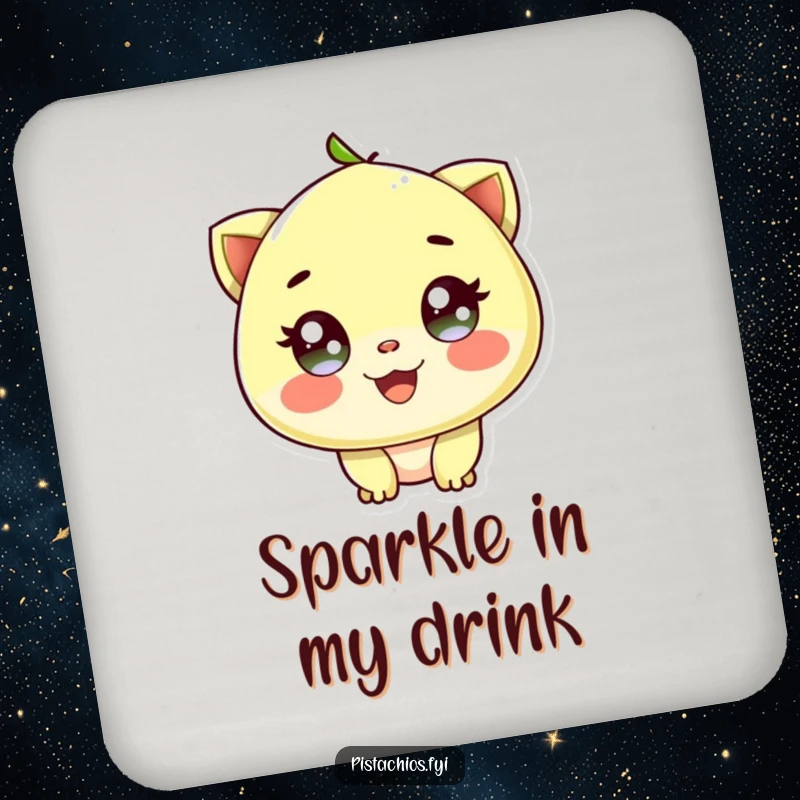 Funny coaster with a delighted pistachio character and sparkling eyes, offering protection with nutty joy.