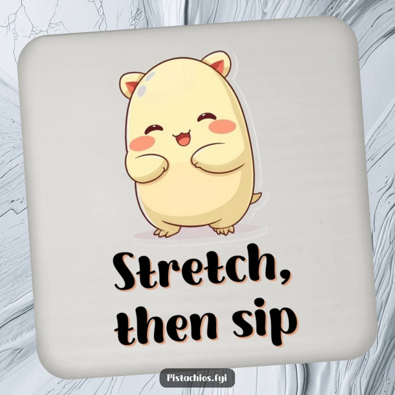 Funny drink coaster with a chubby pistachio character in a silly stretch, protecting surfaces with humorous flexibility.