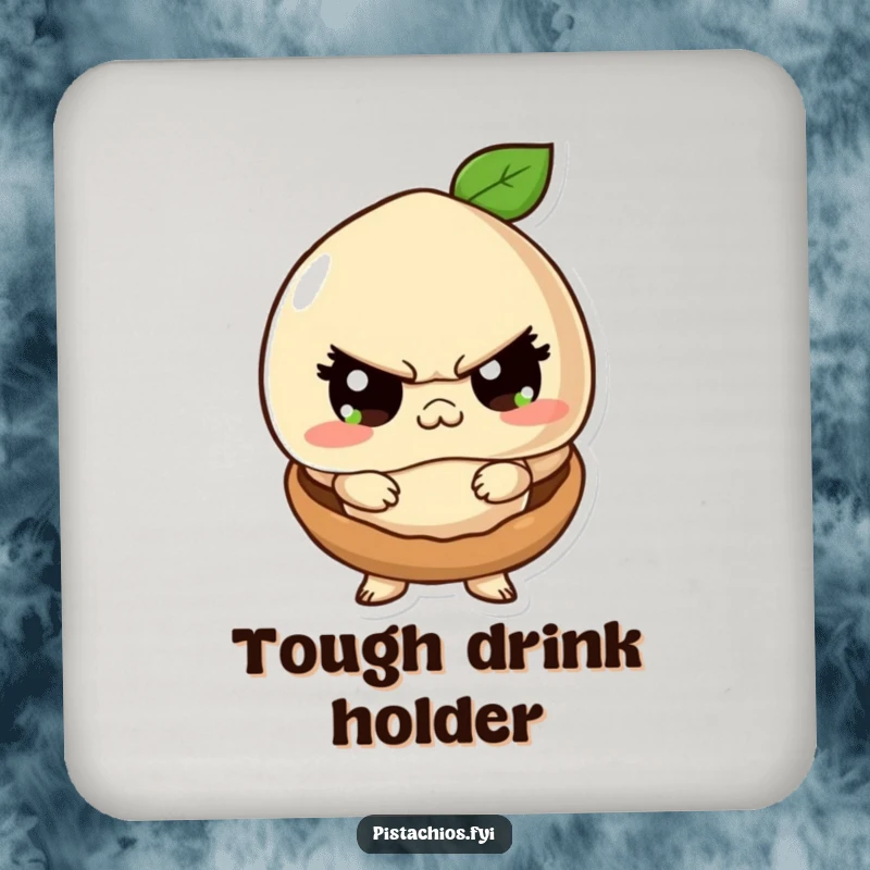 Funny drink coaster featuring a macadamia nut character looking tough inside its small shell, adding nutty humor and surface protection.